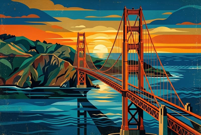 The Golden Gate Bridge as a vintage travel poster