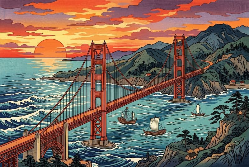 Golden Gate Bridge in woodblock print style