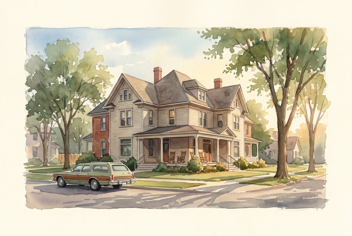Watercolor of a Victorian-era chapter house with rocking chairs on the porch and a 1970s station wagon out front