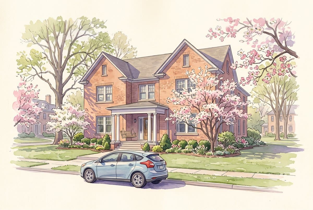 Watercolor of a brick chapter house with a porch swing and dogwoods in spring bloom, a mid-2010s hatchback at the curb