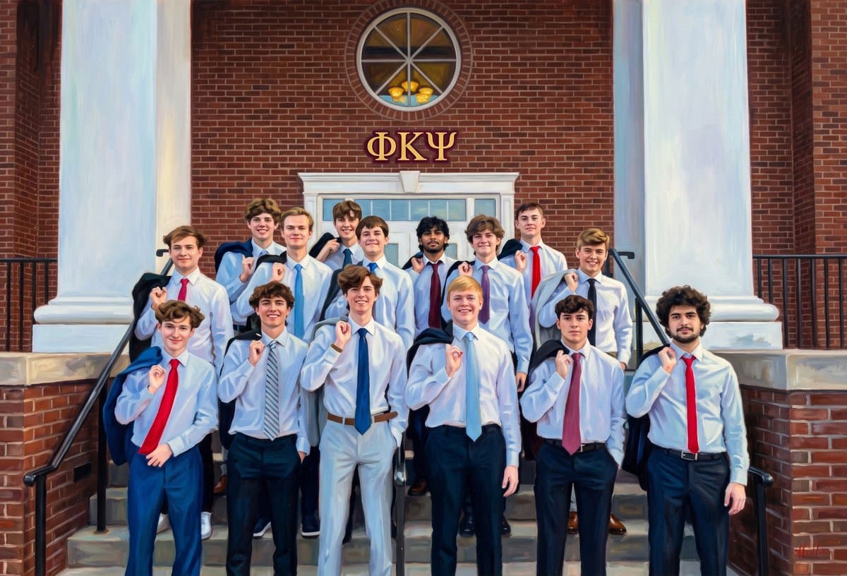 Painting of a fraternity pledge class on the chapter house steps