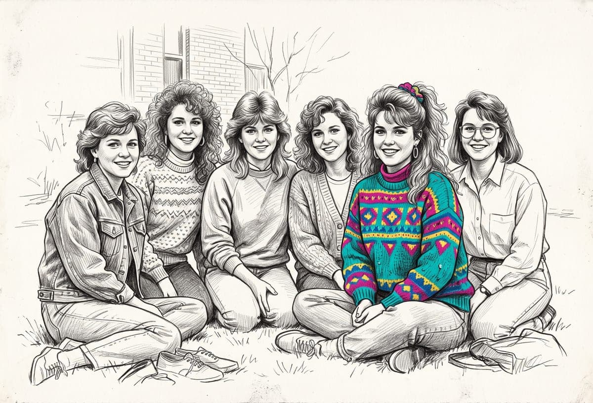 Pencil sketch of a 1980s sorority pledge class sitting on the lawn in front of the chapter house, one sweater picked out in color