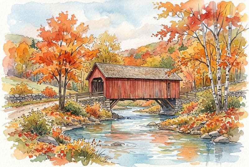 A Vermont covered bridge in soft watercolor