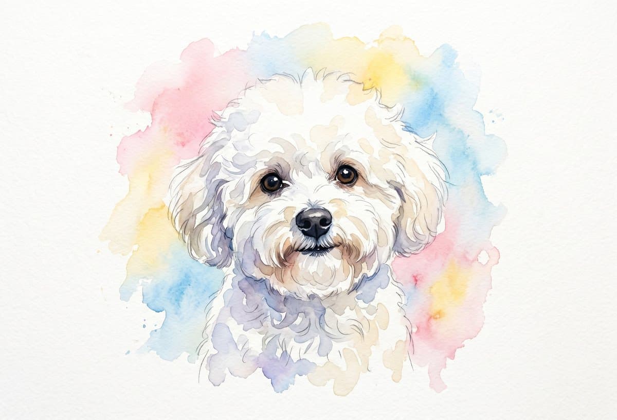 Watercolor illustration of a fluffy white Bichon Frise on cream paper