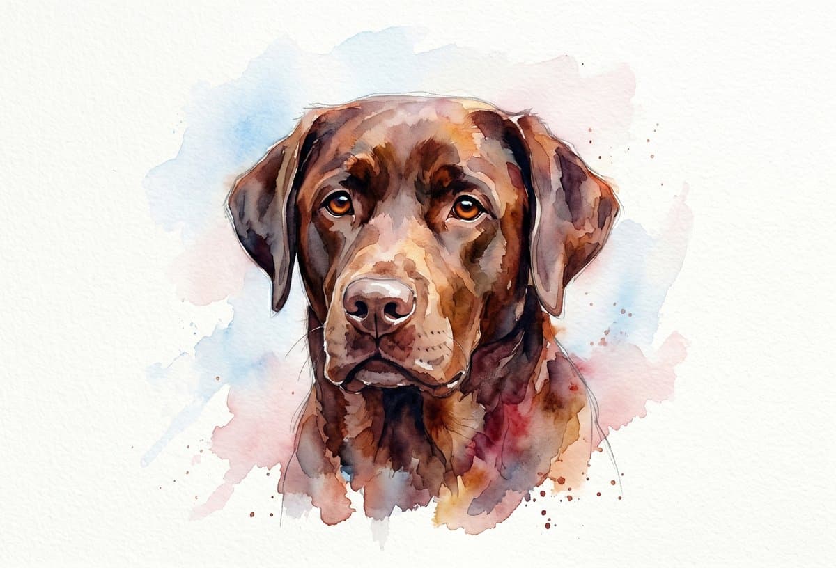Watercolor illustration of a chocolate Labrador on cream paper