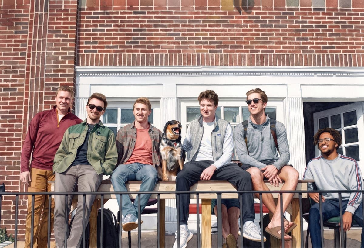 Watercolor of fraternity brothers and a dog sitting along the porch rail of a brick chapter house