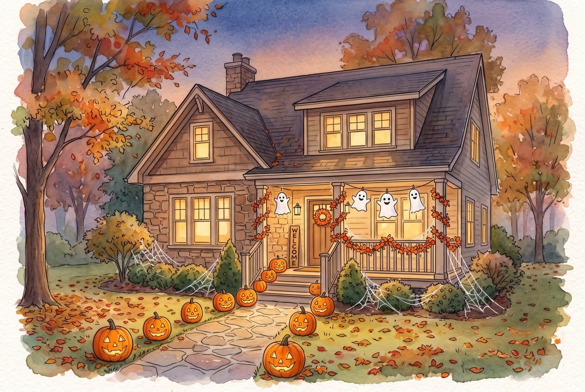 Watercolor of a house decorated for Halloween with jack-o-lanterns lining the front walk