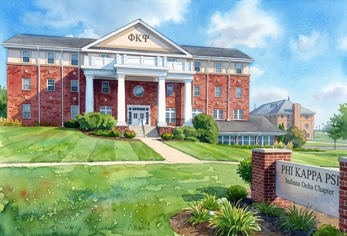 Watercolor illustration of the Phi Kappa Psi chapter house at Purdue University