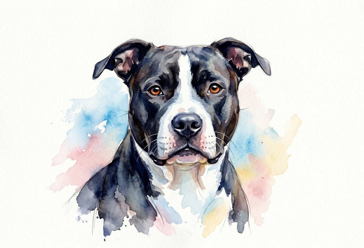 Watercolor illustration of a Staffordshire terrier on cream paper