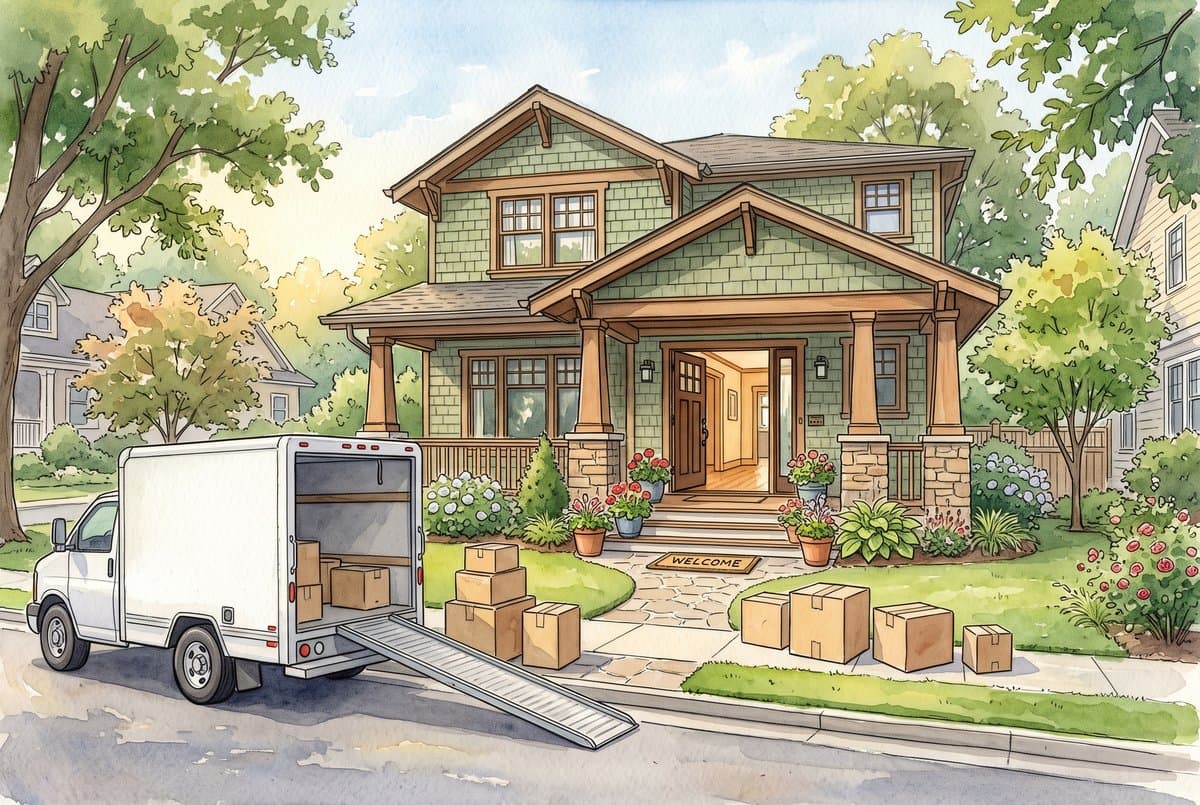 Watercolor of moving day at a craftsman house, boxes on the front walk