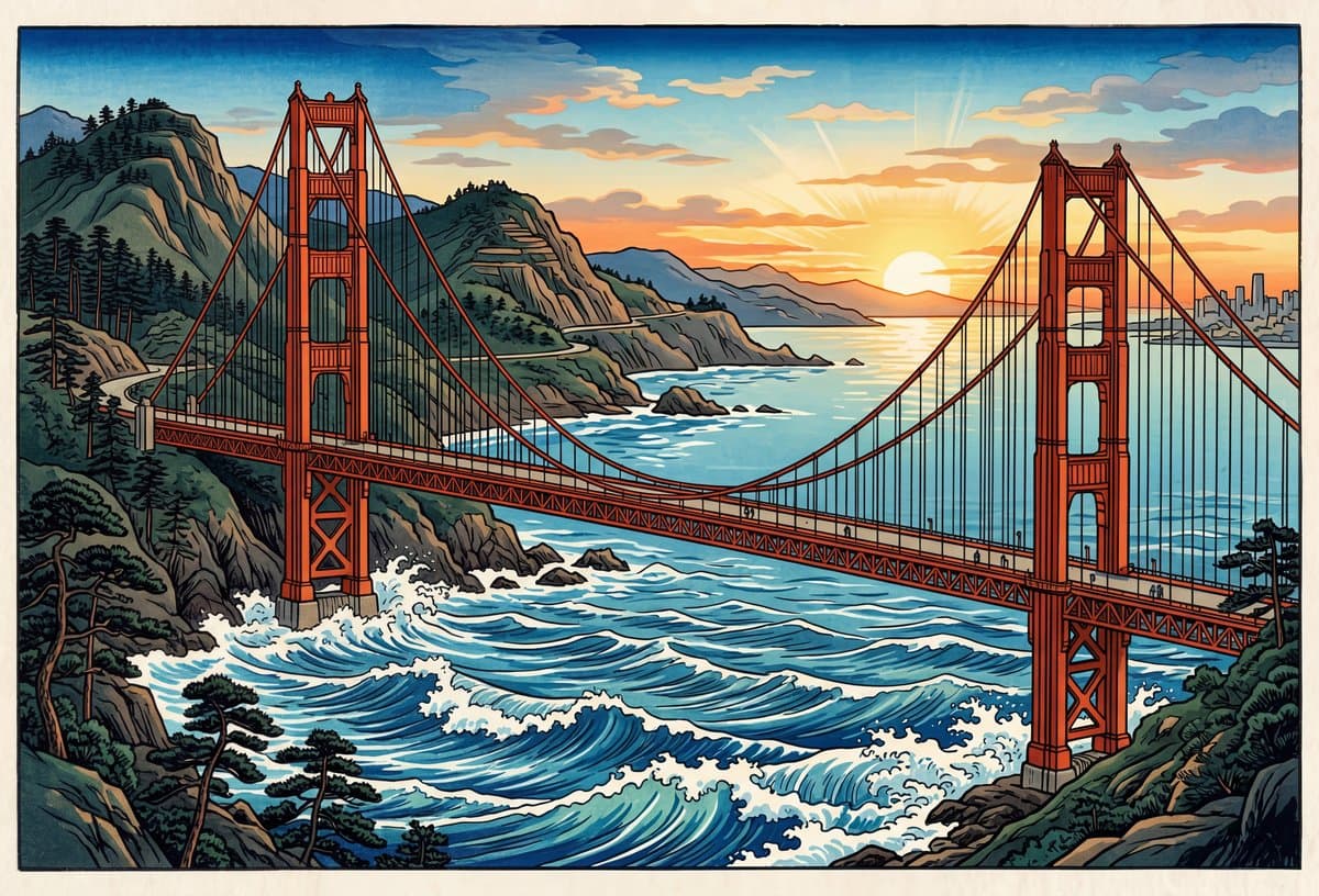 Golden Gate Bridge in woodblock print style