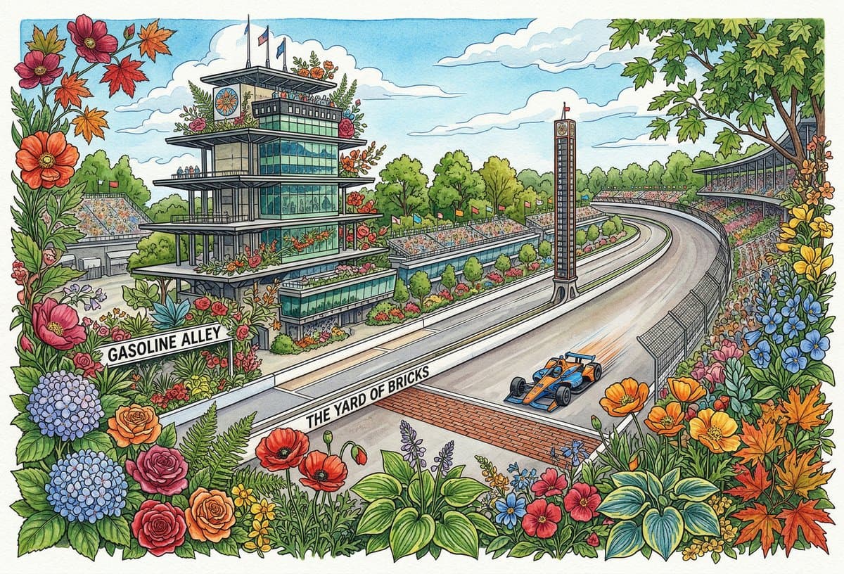 Indianapolis Motor Speedway in botanical illustration style