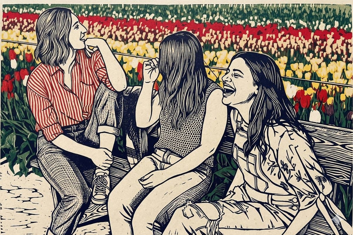 Three friends reimagined as a linocut print