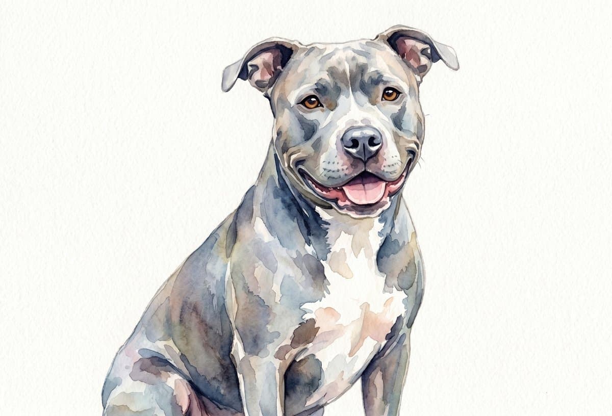 Watercolor portrait of an adopted pitbull