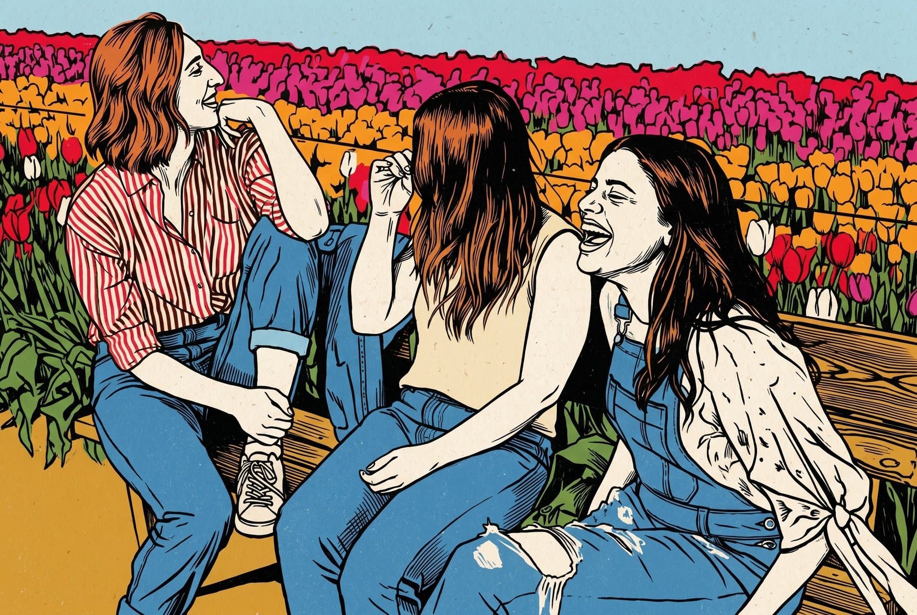Three friends reimagined as a linocut print